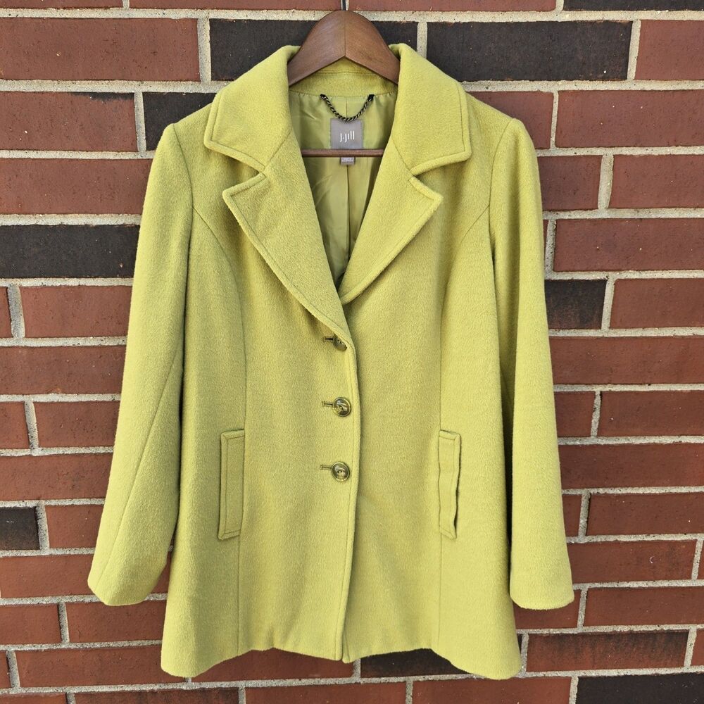 J. Jill Womens Pea Coat Jacket Wool Blend Lined Green Pockets Size XS